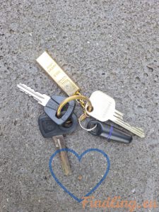 Keys with a gold metal tag lying on rough asphalt pavement on the ground.