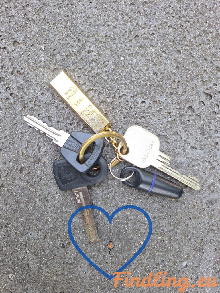 Keys with a gold metal tag lying on rough asphalt pavement on the ground.